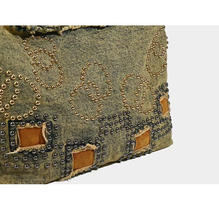 Studded Washed Denim Shoulder Bag