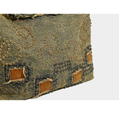 Studded Washed Denim Shoulder Bag