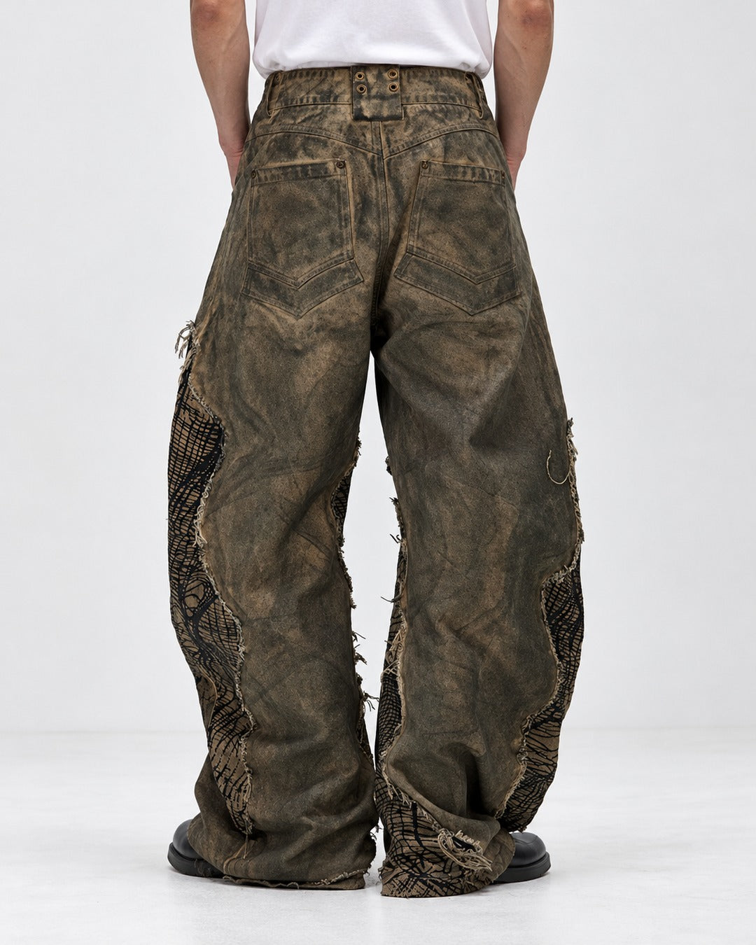 Mud-Dyed Mesh Patch Wide Pants
