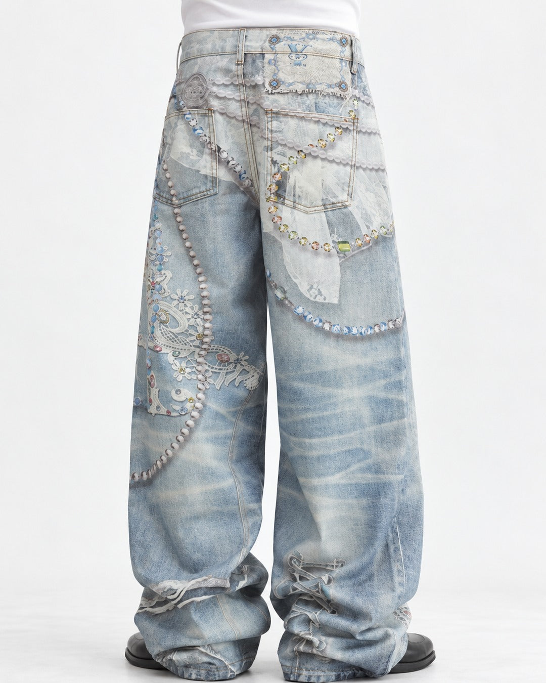 Pearl Chain Lace Print Baggy Jeans