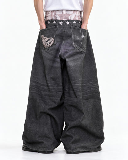 Star-Stud Double Waistband Shredded-Knee Jeans