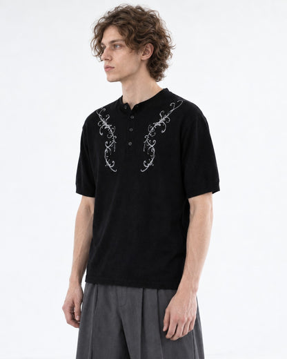 Henley Knit Top with Embroidered Scrollwork