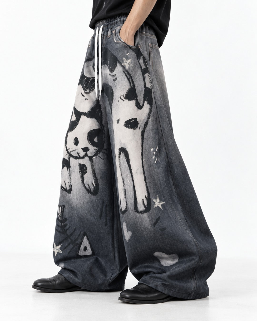 Cat Graphic Gradient Wide-Leg Jeans