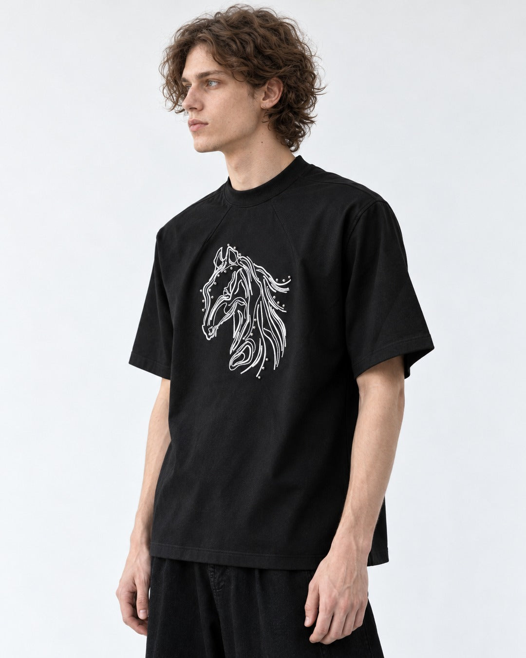 Horse Head Embroidered Mock-Neck T-Shirt