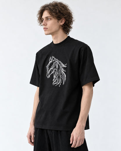 Horse Head Embroidered Mock-Neck T-Shirt
