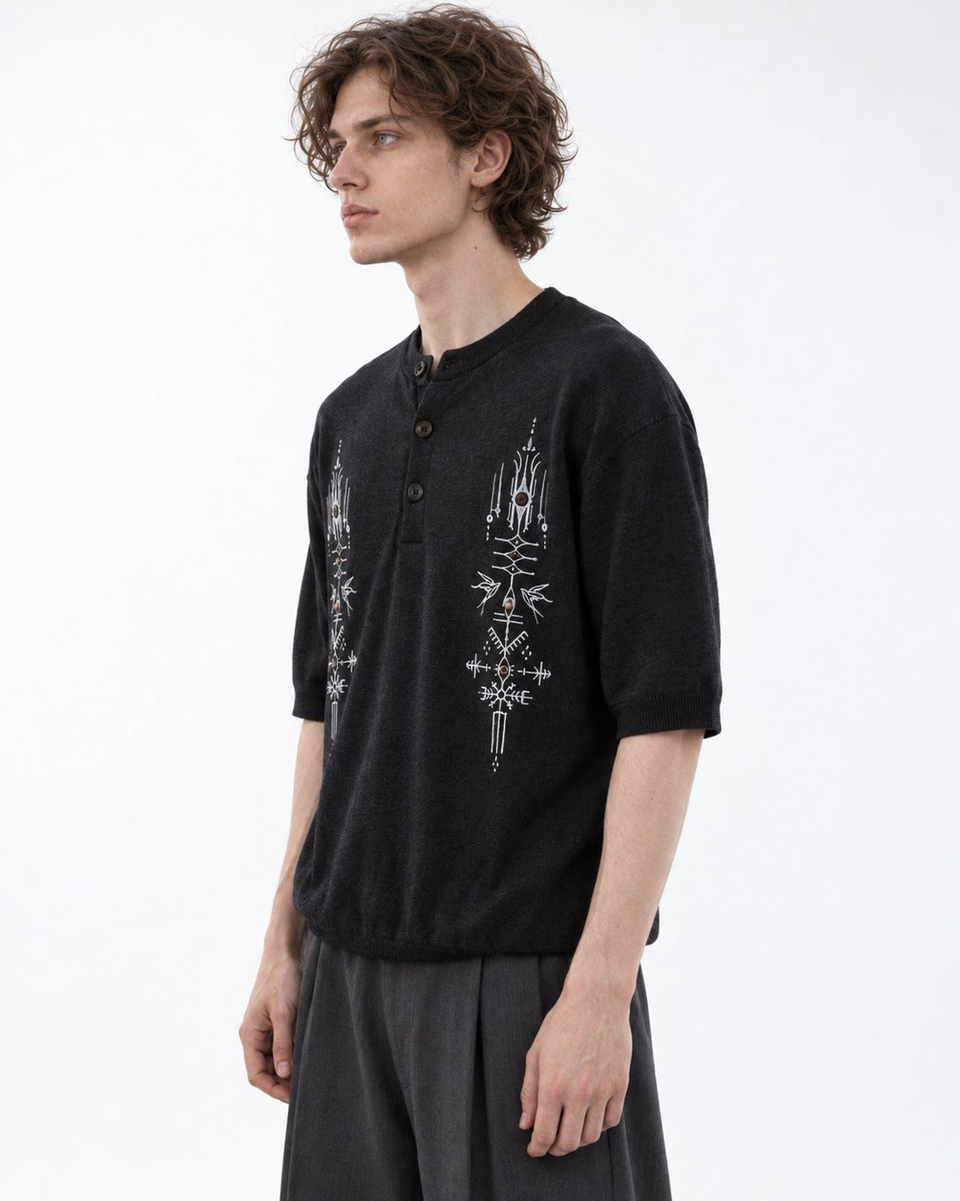 Embroidered Short-Sleeve Henley Knit Top
