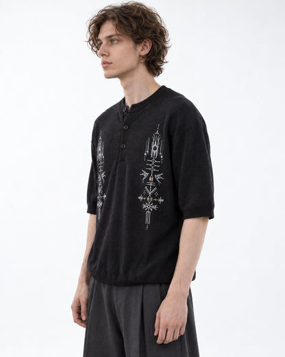 Embroidered Short-Sleeve Henley Knit Top
