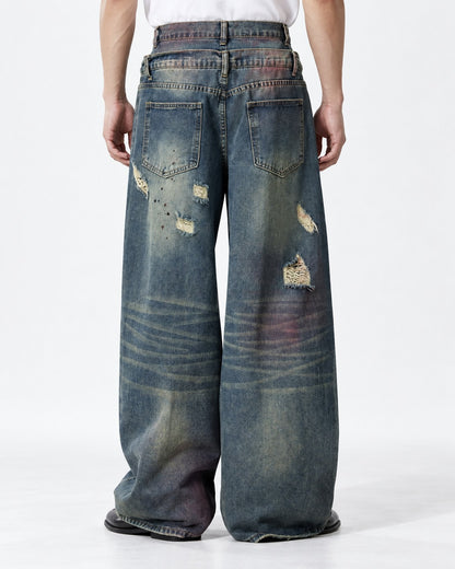 Distressed Double-Waistband Jeans