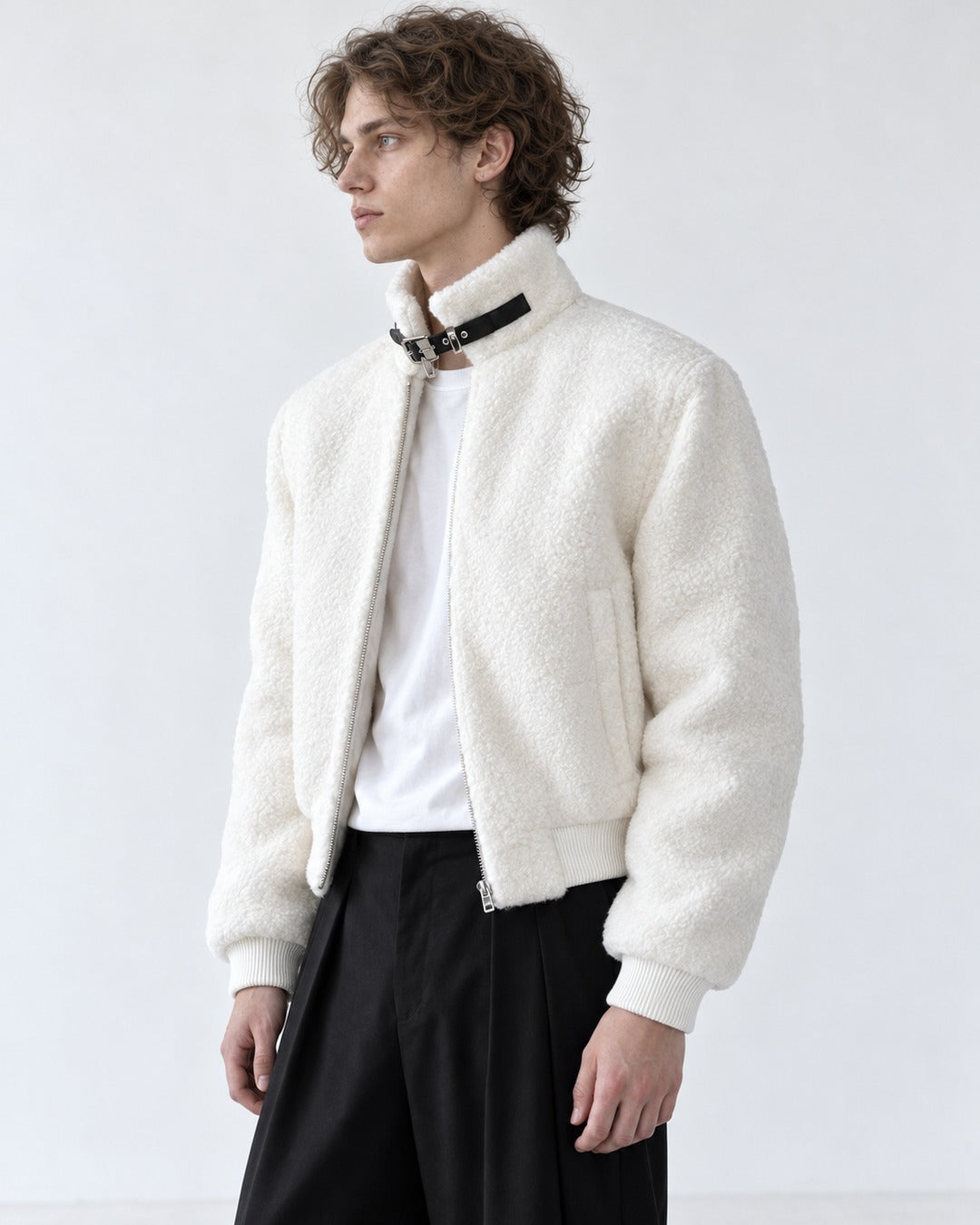 Buckle Strap Stand Collar Teddy Jacket