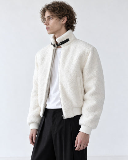 Buckle Strap Stand Collar Teddy Jacket