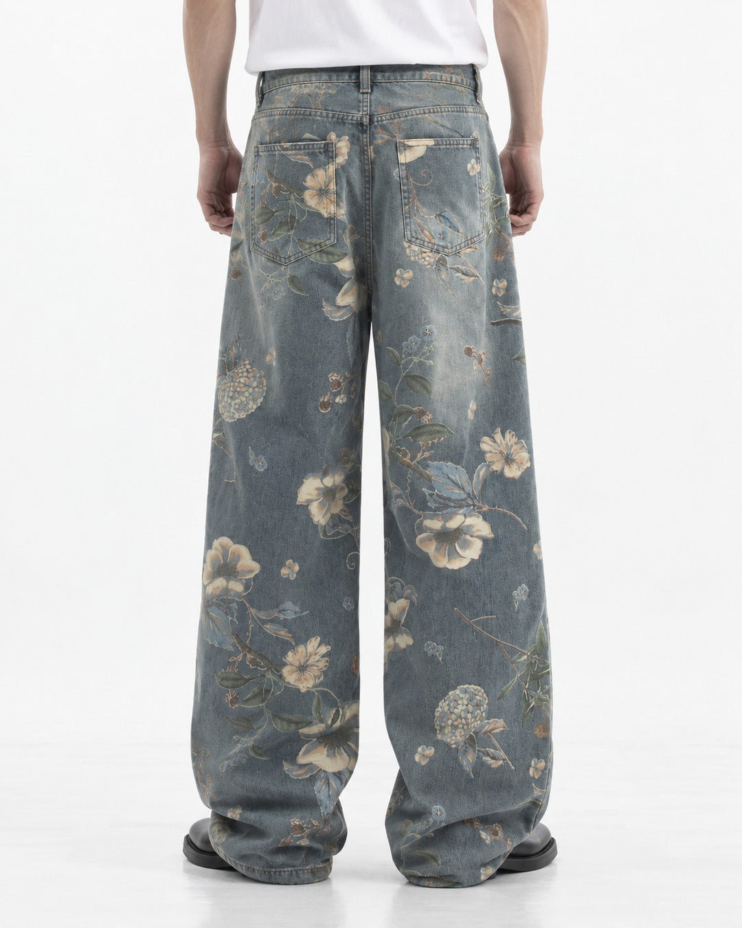 Floral Print Washed Wide-Leg Jeans