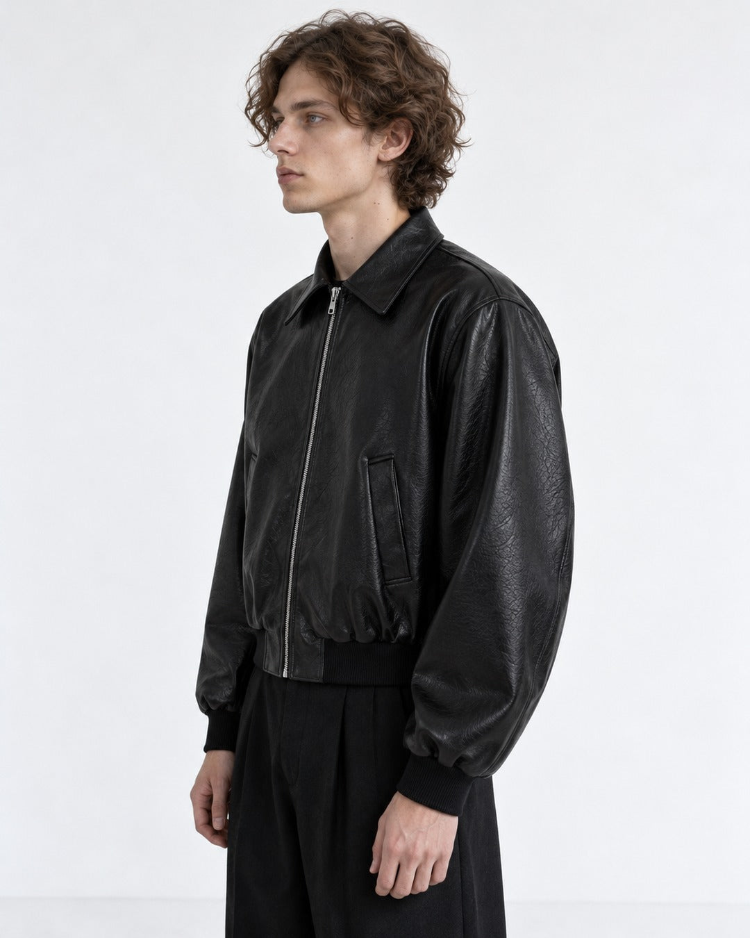 Boxy Shoulder-Pad Leather Bomber