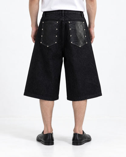Studded Snap-Front Panel Denim Shorts