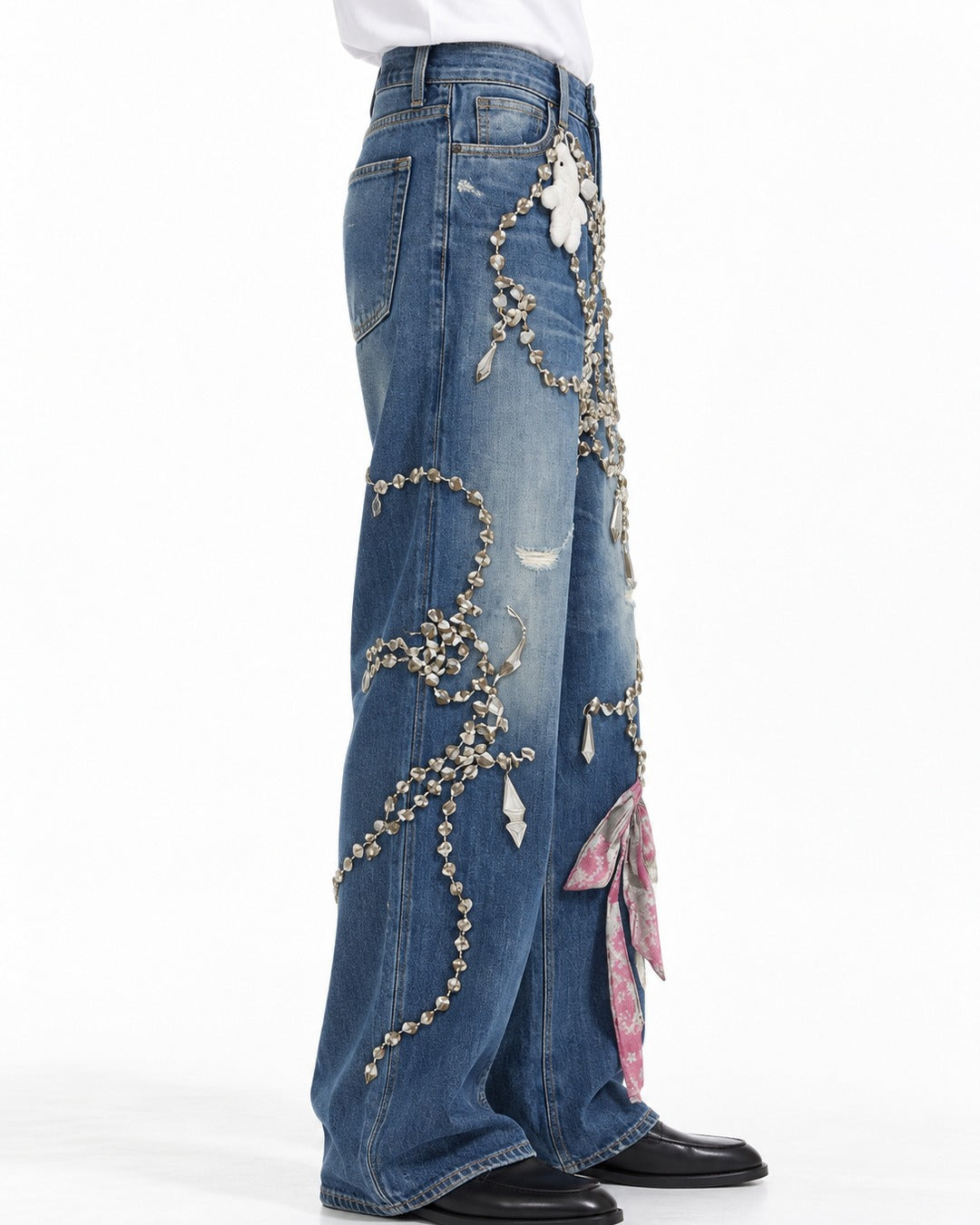 Chain Ribbon Embellished Jeans