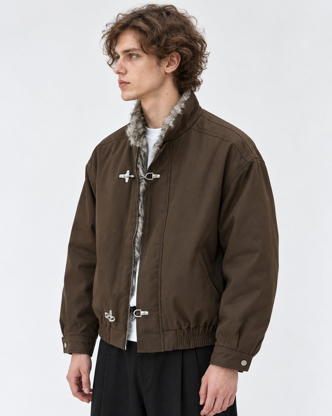 Hook Clasp Fur Collar Bomber Jacket