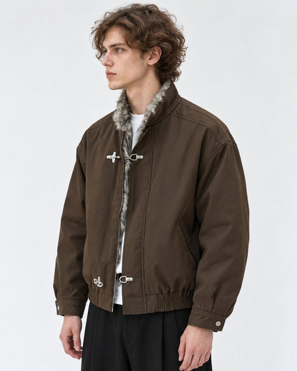 Hook Clasp Fur Collar Bomber Jacket