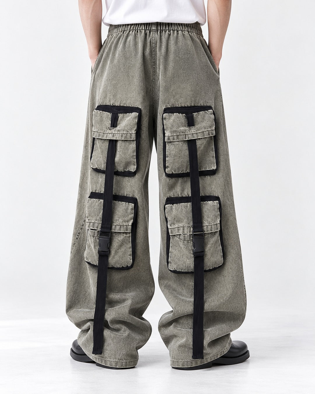 Washed Strap-Pocket Wide Cargo Pants