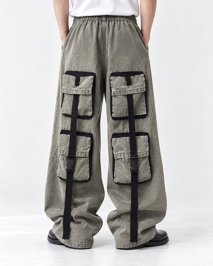Washed Strap-Pocket Wide Cargo Pants