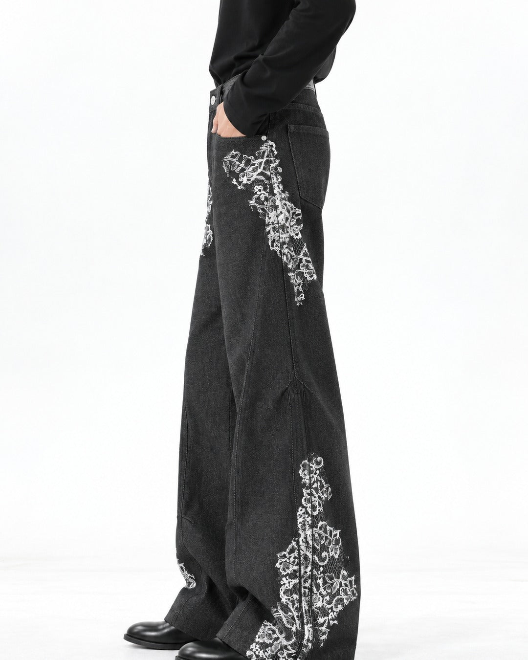 Lace-Print Black Wide-Leg Denim