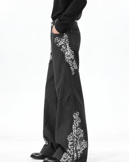 Lace-Print Black Wide-Leg Denim