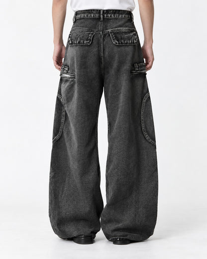 Eyelet Pocket Washed Black Cargo Jeans