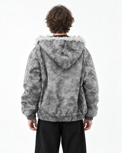Mottled Grey Faux-Fur Lined Hooded Jacket