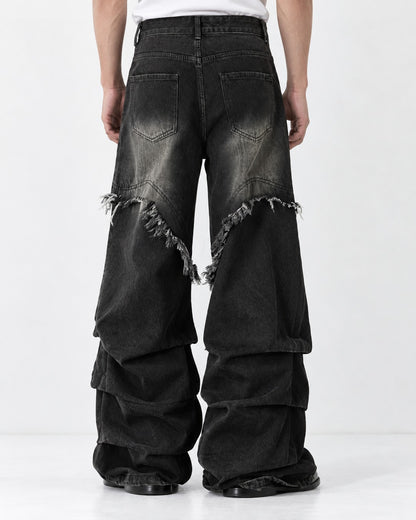 Fringed V-Seam Tiered Hem Jeans