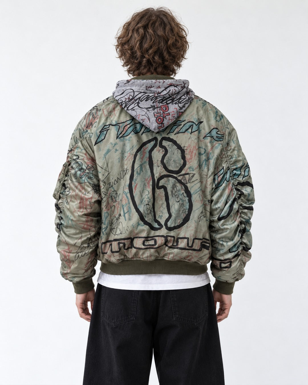 Graffiti Print Hooded Bomber Jacket
