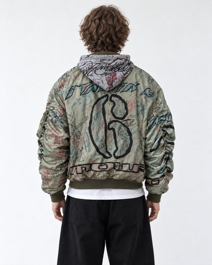 Graffiti Print Hooded Bomber Jacket