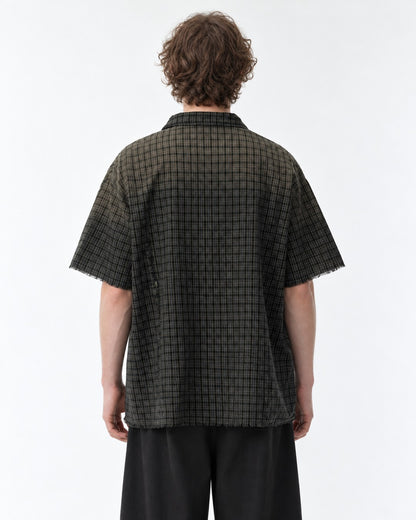 Frayed Hem Faded Plaid Short Sleeve Shirt