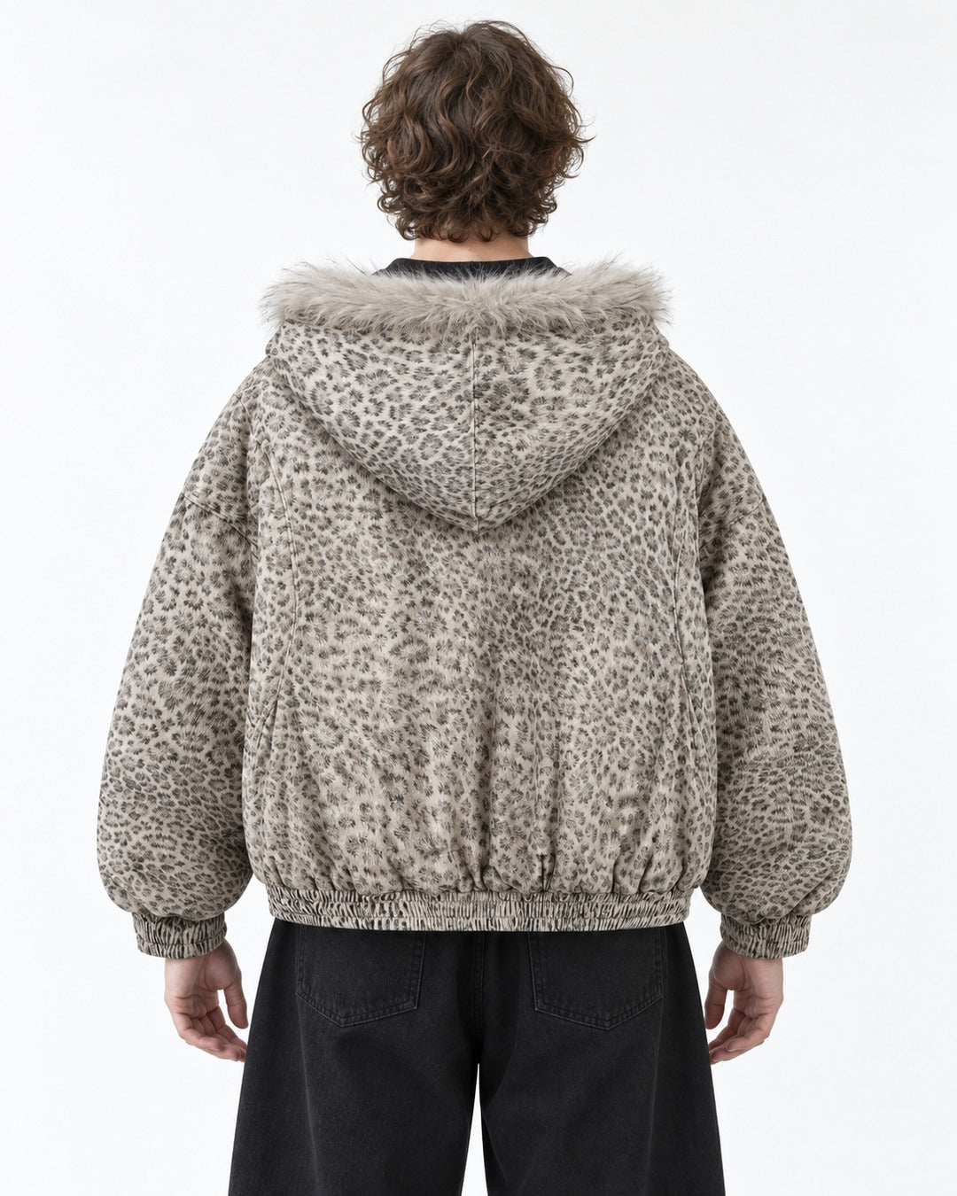 Leopard Print Hooded Jacket with Plush Collar