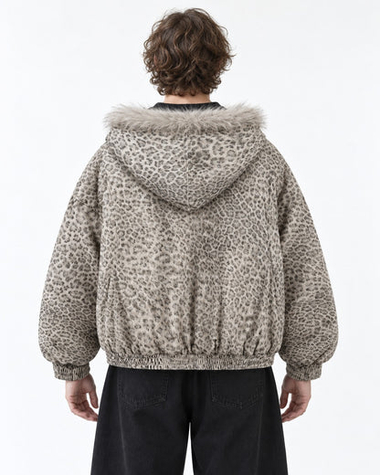 Leopard Print Hooded Jacket with Plush Collar