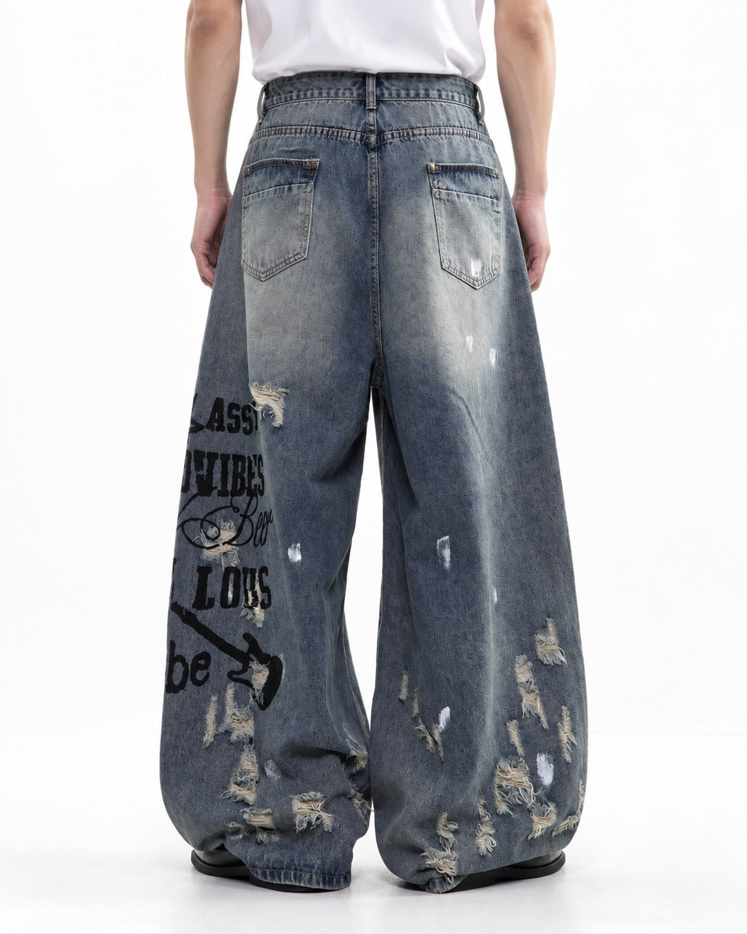 Letter Print Distressed Wide Leg Jeans