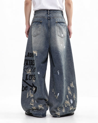 Letter Print Distressed Wide Leg Jeans