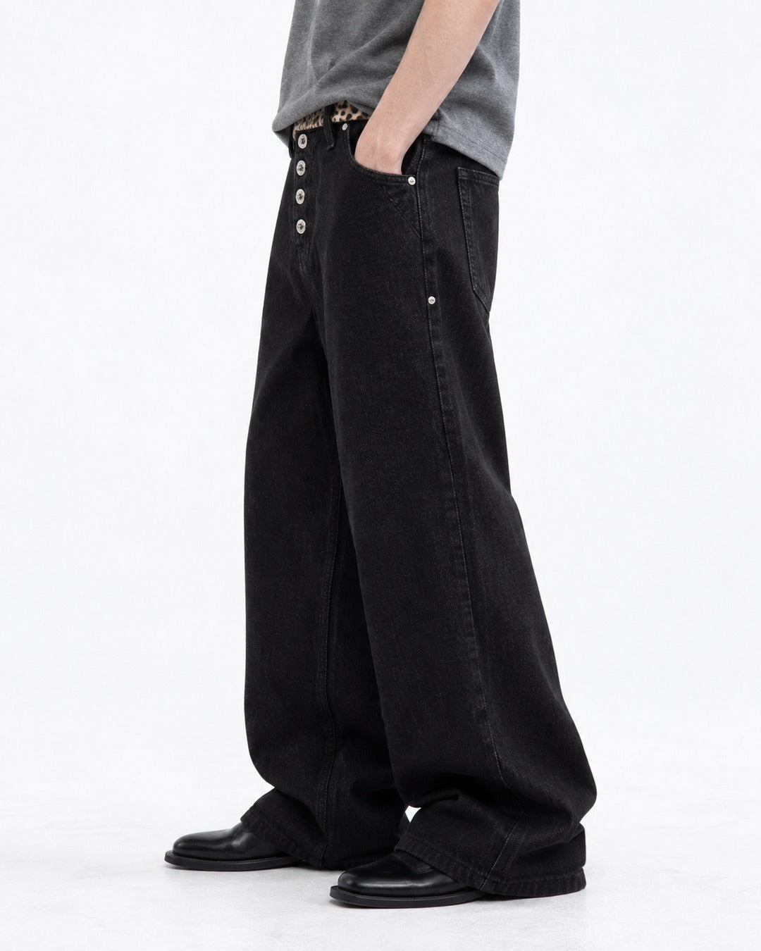 Leopard Waist Button Fly Wide Black Jeans