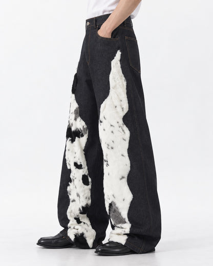 Cow Pattern Patchwork Denim Pants