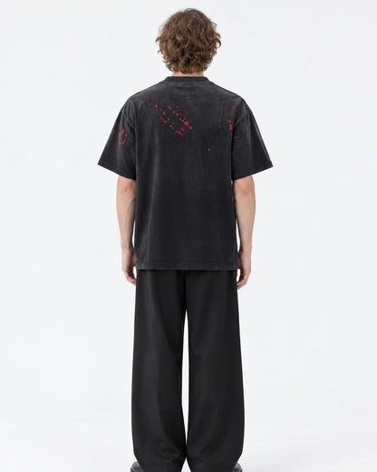 Red Splatter Seamed Black T-Shirt