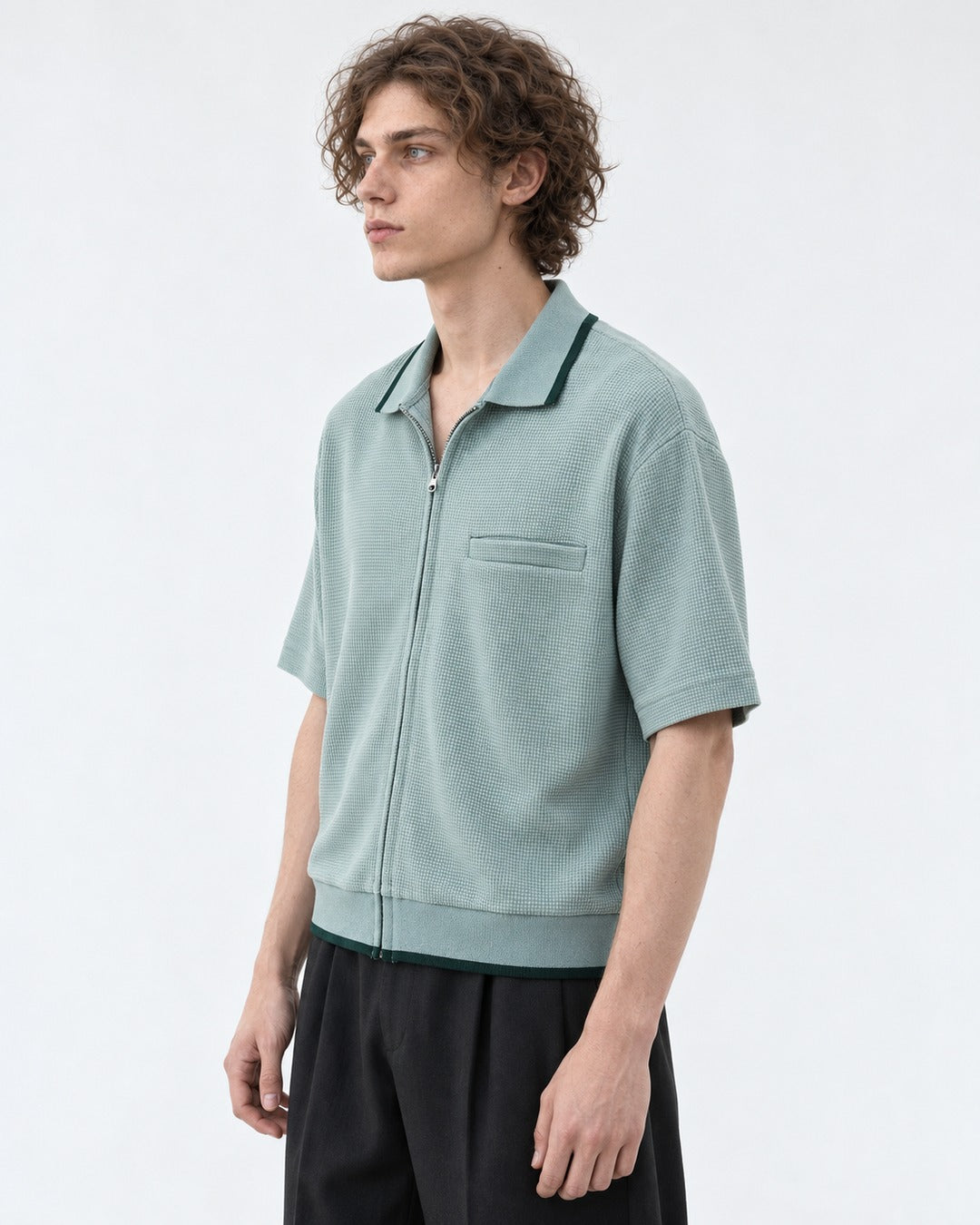Waffle Knit Zip-Up Short Sleeve Shirt with Contrast Trim