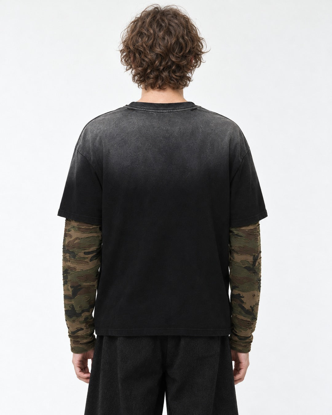 Camouflage Patchwork Gradient Wash Layered-Look T-Shirt