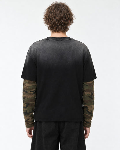 Camouflage Patchwork Gradient Wash Layered-Look T-Shirt