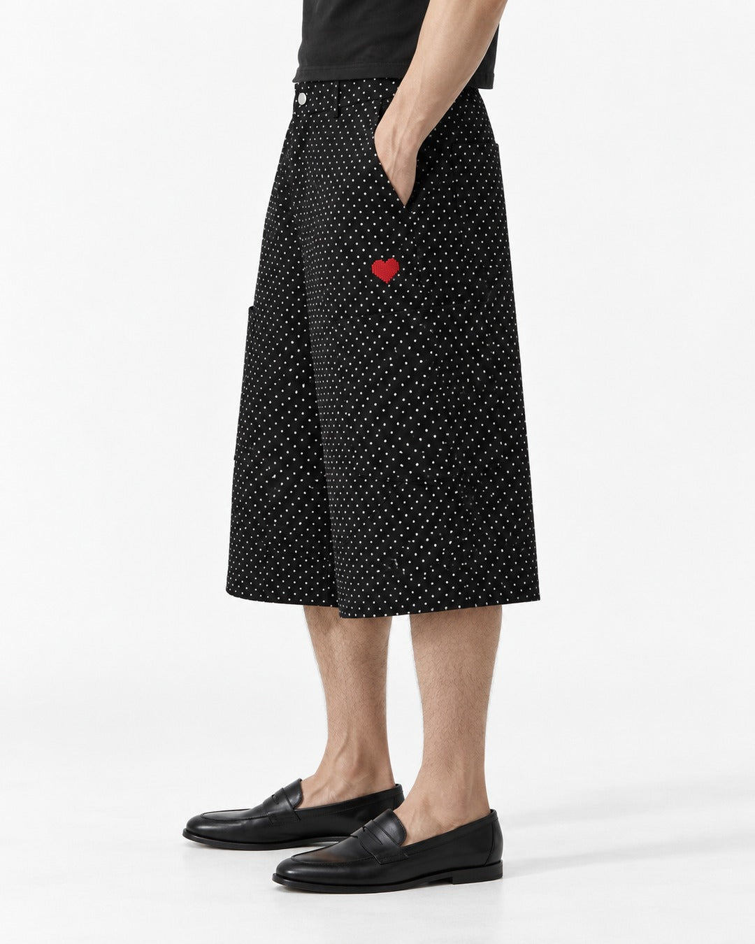 Polka Dot Wide Knee-Length Pants with Heart Embroidery