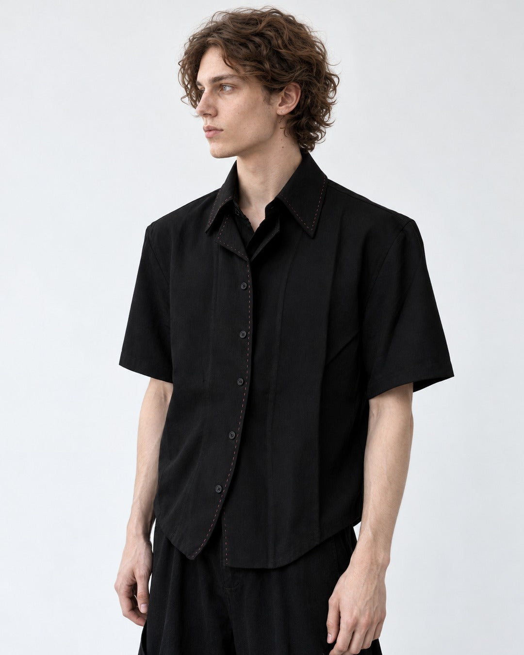Double Collar Hand-Stitched Short-Sleeve Shirt