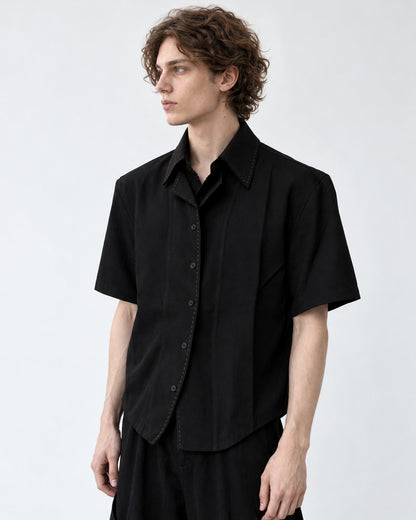 Double Collar Hand-Stitched Short-Sleeve Shirt