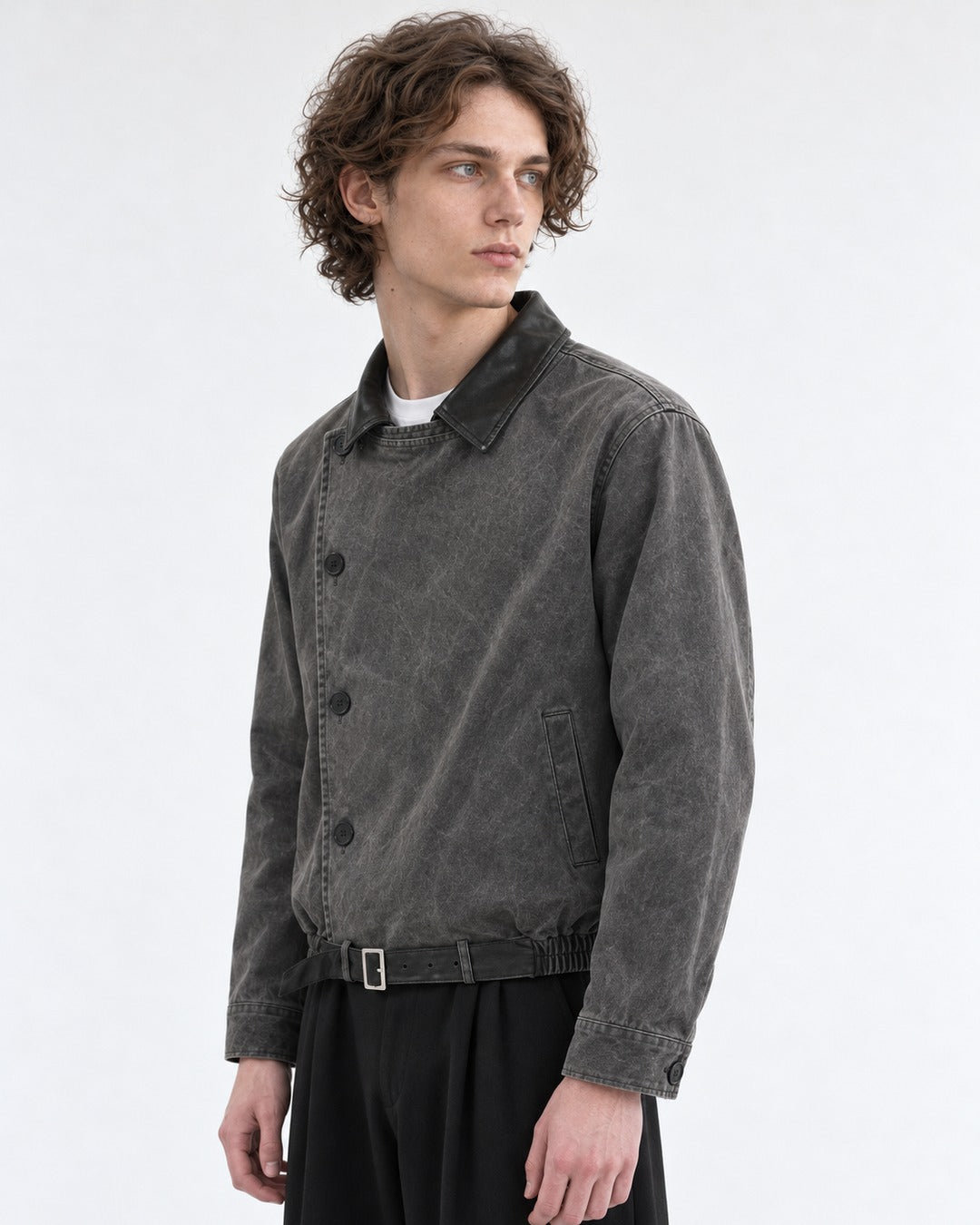 Diagonal Button Jacket with Contrast Collar