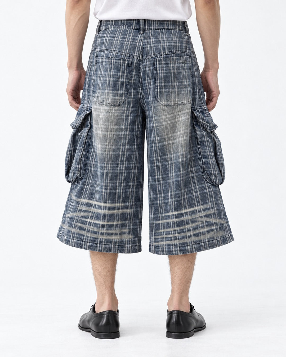 Washed Plaid Cargo Shorts with Tie Detail
