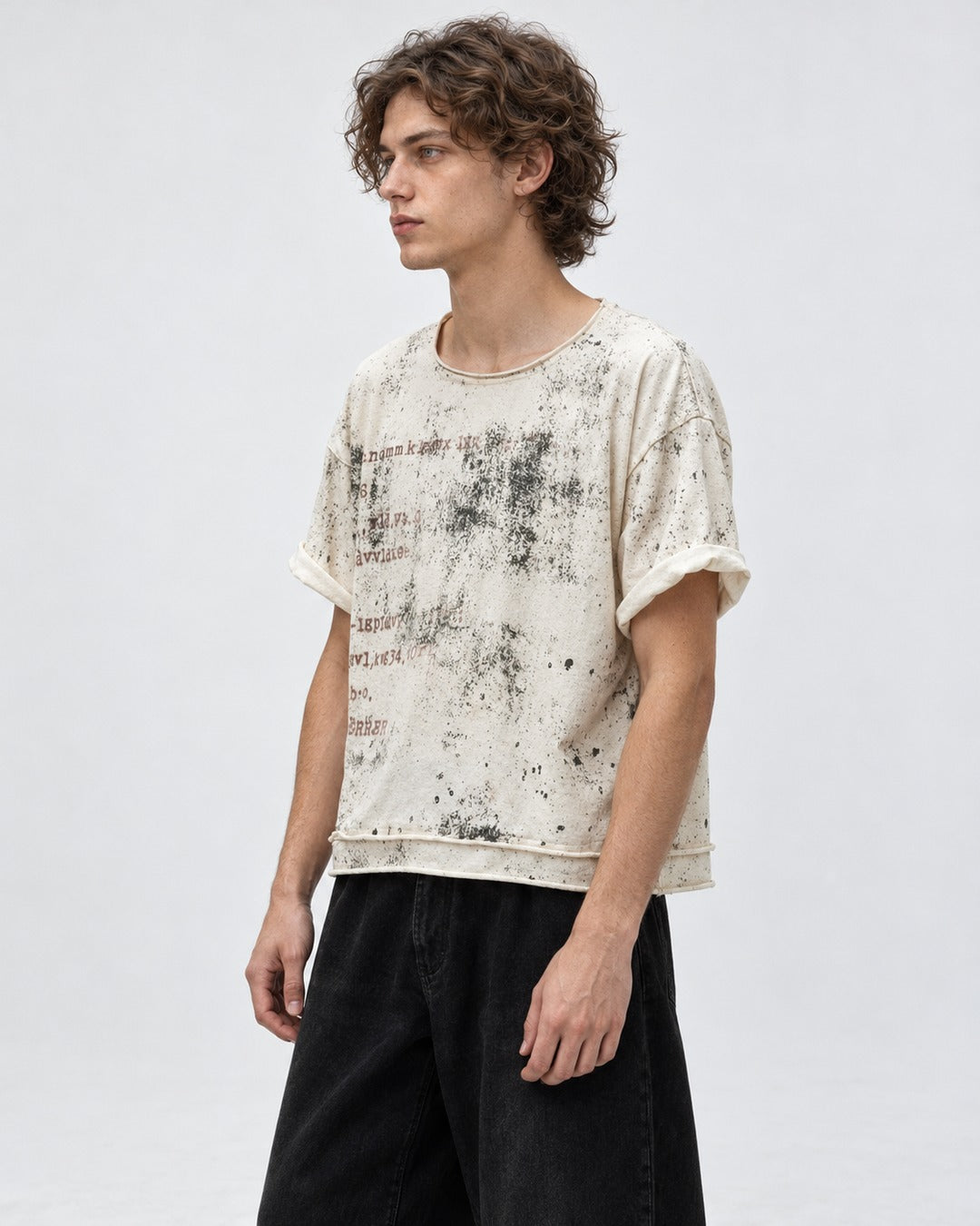 Distressed Stencil Print Raw-Cut Top