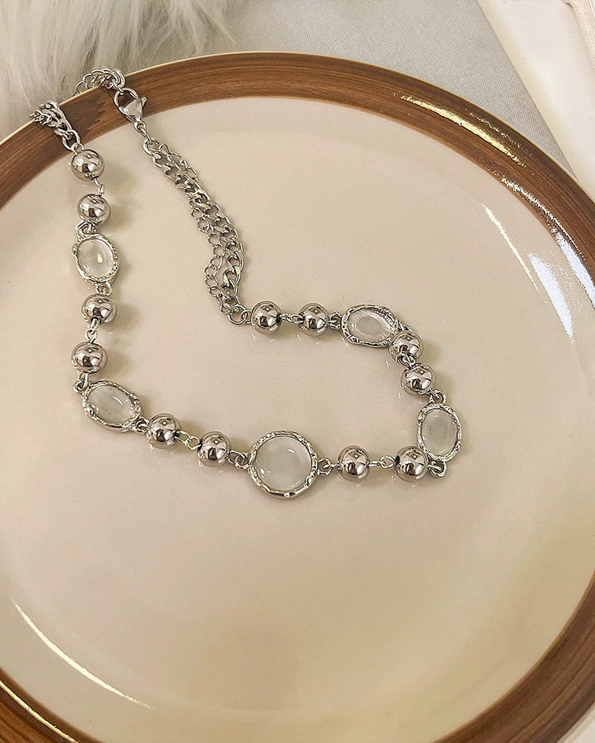 Silver Bead and White Stone Necklace