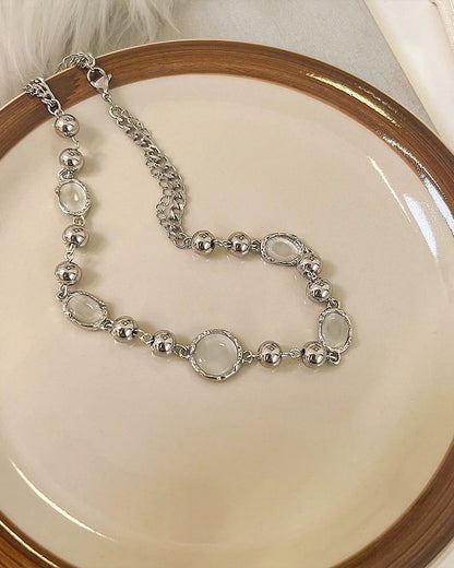 Silver Bead and White Stone Necklace