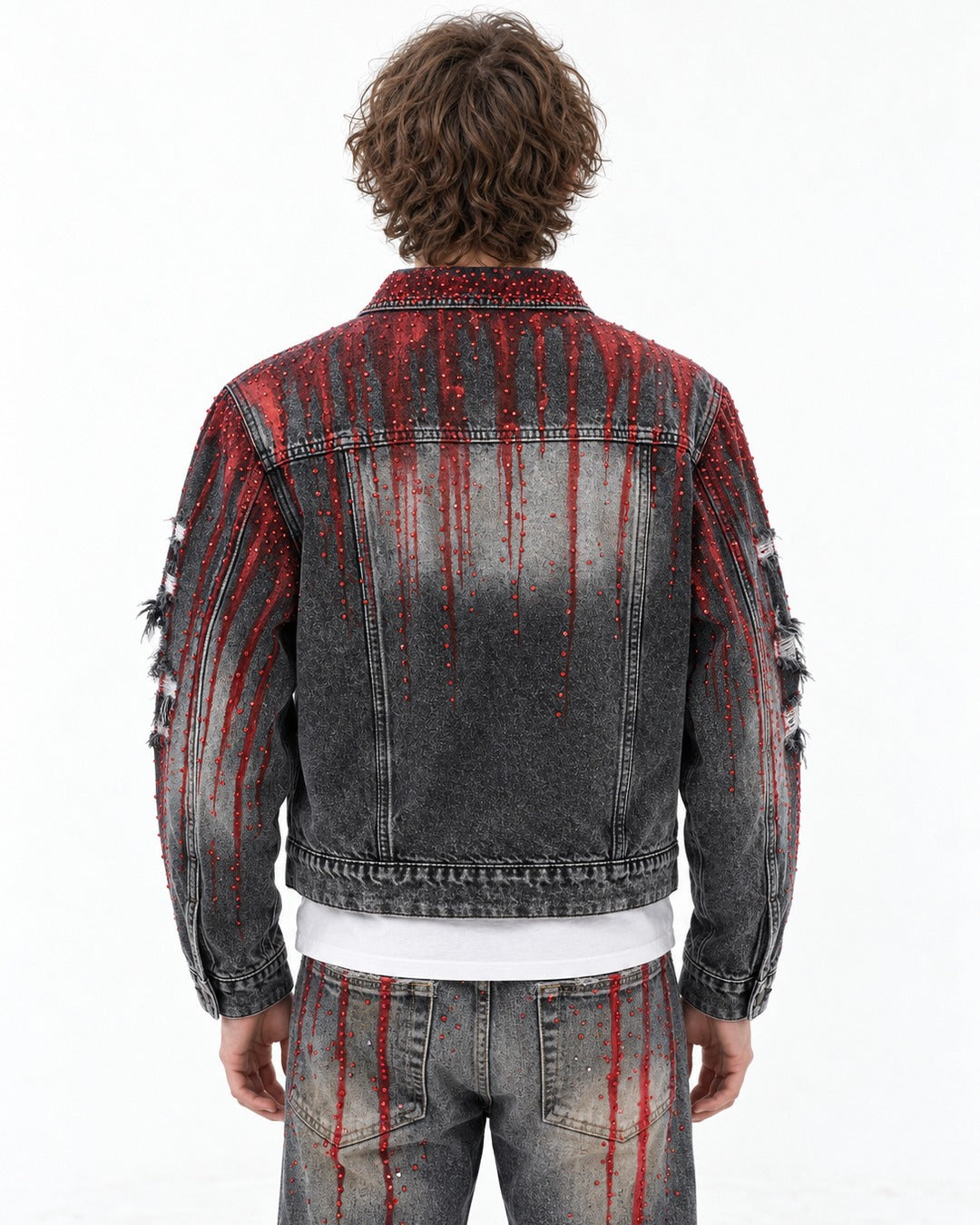 Hand-Painted Blood Rhinestone Denim Jacket and Pants Set-Up