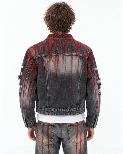 Hand-Painted Blood Rhinestone Denim Jacket and Pants Set-Up
